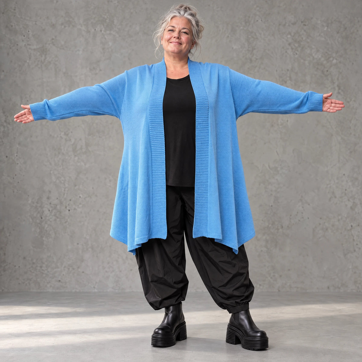 Baumwollstrick Cardigan in A-Linie mit Stehkragen langen Ärmeln und Seitentaschen