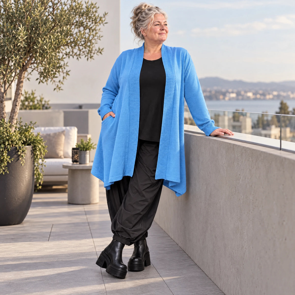 Baumwollstrick Cardigan in A-Linie mit Stehkragen langen Ärmeln und Seitentaschen