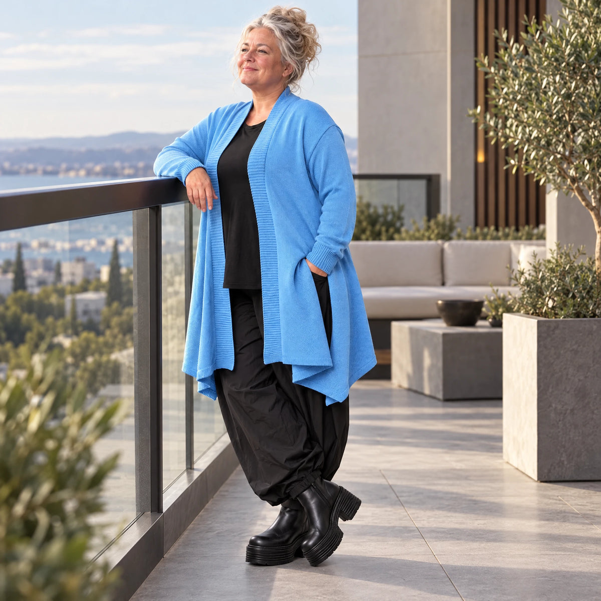 Baumwollstrick Cardigan in A-Linie mit Stehkragen langen Ärmeln und Seitentaschen