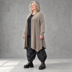 Taupe Strickcardigan in Glockenform mit Stehkragen Seitentaschen Baumwollstretch