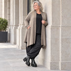 Taupe Strickcardigan in Glockenform mit Stehkragen Seitentaschen Baumwollstretch
