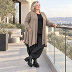 Taupe Strickcardigan in Glockenform mit Stehkragen Seitentaschen Baumwollstretch