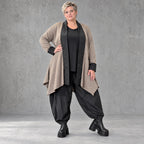 Cardigan aus Baumwolle in Taupe mit Stehkragen A-Linie und Seitentaschen offen leicht