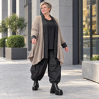Cardigan aus Baumwolle in Taupe mit Stehkragen A-Linie und Seitentaschen offen leicht