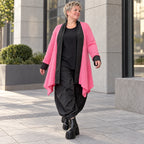 Zartpinker Strickcardigan in A-Linie mit Stehkragen langen Ärmeln und Seitennahttaschen