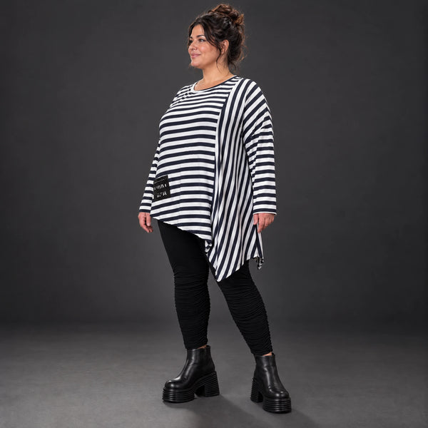 Langarmshirt in Dunkelblau/Weiß aus weichem Stretchjersey mit asymmetrischem Zipfelsaum