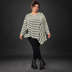 Langarmshirt in Creme/Dunkelgrün mit asymmetrischem Zipfelsaum aus weichem Stretchjersey