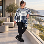 Asymmetrisches Langarmshirt in Creme/Dunkelblau mit Zipfelsaum aus weichem Stretchjersey