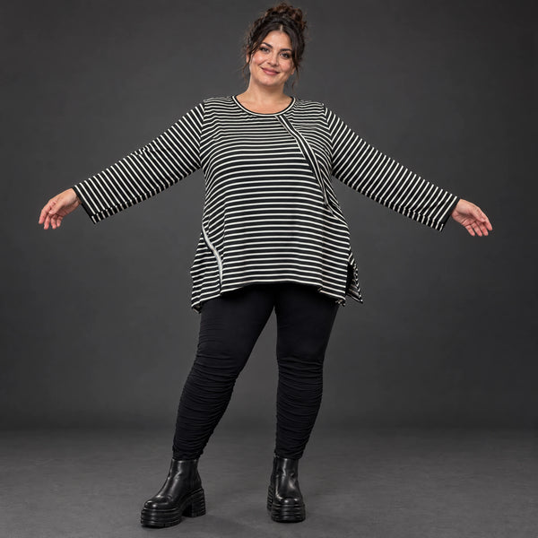 Langarmshirt Schwarz/Weiß in A-Linie aus weichem Stretchjersey mit Faltennahtmuster