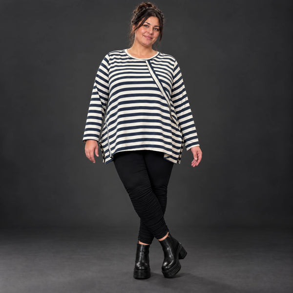 Langarmshirt in Creme/Dunkelblau mit A-Linie aus weichem Stretchjersey und Schlitzen