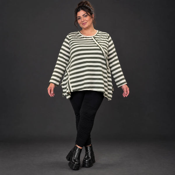 Langarmshirt in Creme/Dunkelgrün mit A-Linie aus warmem Stretchjersey und Faltennahtmuster