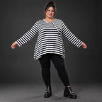 Langarmshirt Dunkelblau/Weiß aus weichem Stretchjersey in A-Linie mit Seitenschlitzen