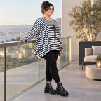 Langarmshirt in Dunkelblau/Weiß aus weichem Stretchjersey in A-Linie mit Seitenschlitzen