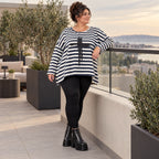 Langarmshirt in A-Linie aus Stretchjersey in Creme/Dunkelblau mit seitlichen Schlitzen