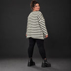 Langarmshirt Creme/Dunkelgrün aus Stretchjersey in lockerer A-Linie mit Seitenschlitzen