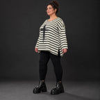 Langarmshirt Creme/Dunkelgrün aus Stretchjersey in lockerer A-Linie mit Seitenschlitzen