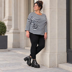 Shirt in Dunkelblau/Weiß aus weichem Stretchjersey mit 7/8-Arm und gerundeter Schnittform