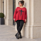 Langarmshirt in Rot mit Rundhalsausschnitt und fließender A-Linie aus Stretchjersey