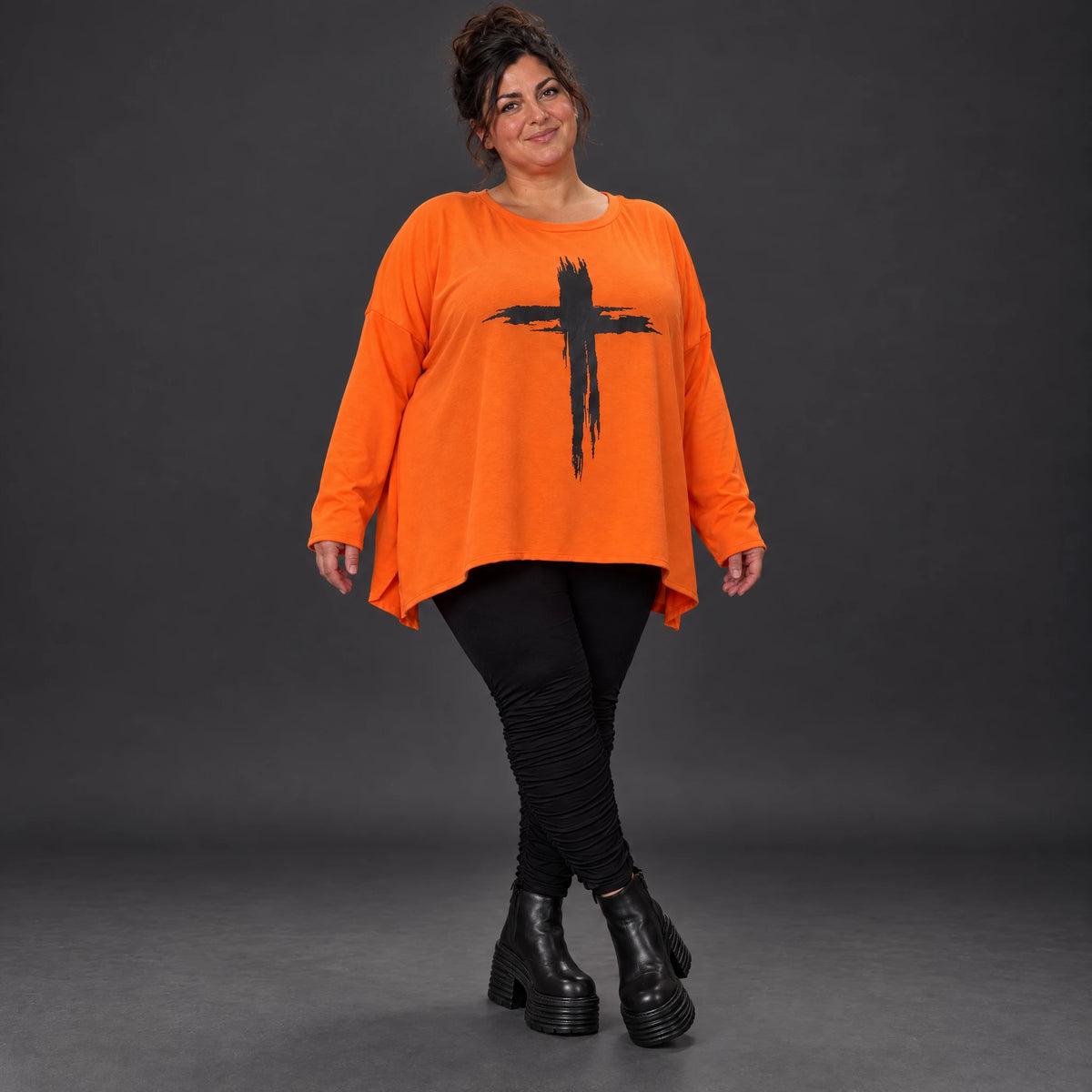 Langarmshirt in Orange aus weichem Stretchjersey mit schmeichelnder A-Linie für jeden Tag