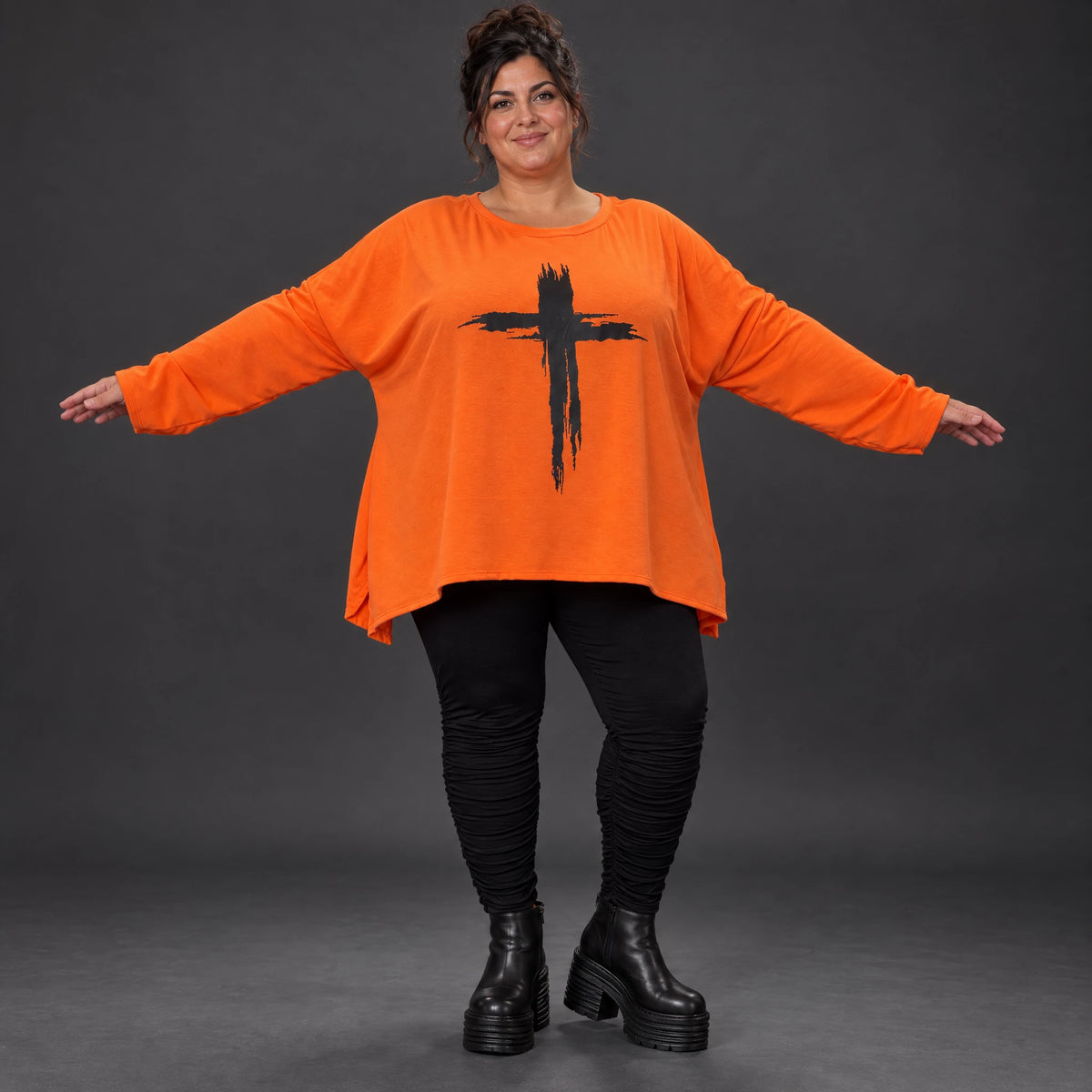 Langarmshirt in Orange aus weichem Stretchjersey mit schmeichelnder A-Linie für jeden Tag