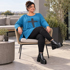 Blaues Langarmshirt aus warmem Stretchjersey mit Rundhalsausschnitt in lässiger A-Linie