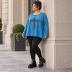 Blaues Langarmshirt aus warmem Stretchjersey mit Rundhalsausschnitt in lässiger A-Linie