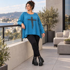 Blaues Langarmshirt aus warmem Stretchjersey mit Rundhalsausschnitt in lässiger A-Linie
