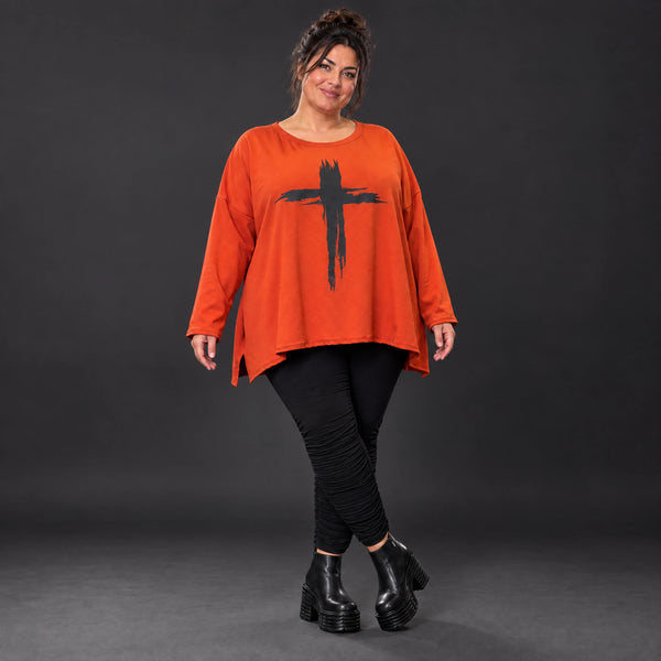 Langarmshirt in leuchtendem Orange aus weichem Stretchjersey aus Italien mit A-Linie