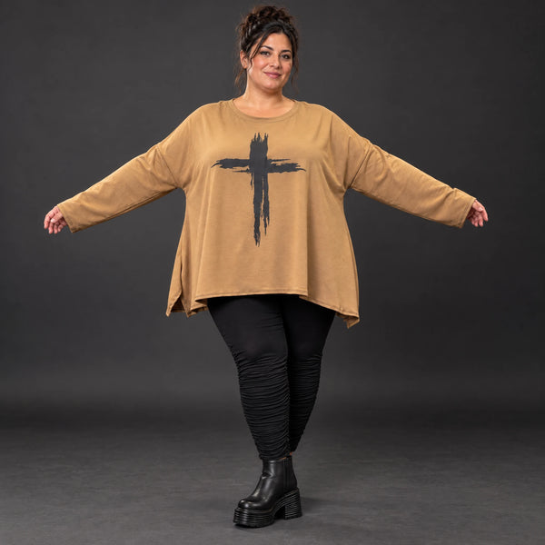 Langarmshirt Basic in Camel aus weichem Jersey mit Elasthan und schmeichelnder A-Linie