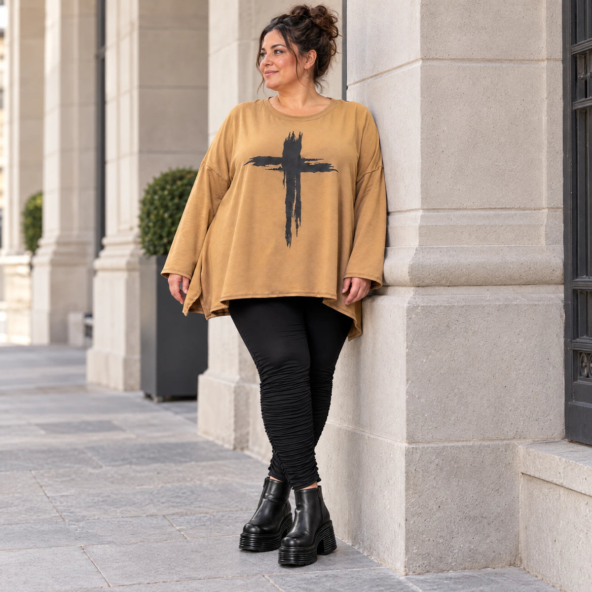 Langarmshirt Basic in Camel aus weichem Jersey mit Elasthan und schmeichelnder A-Linie