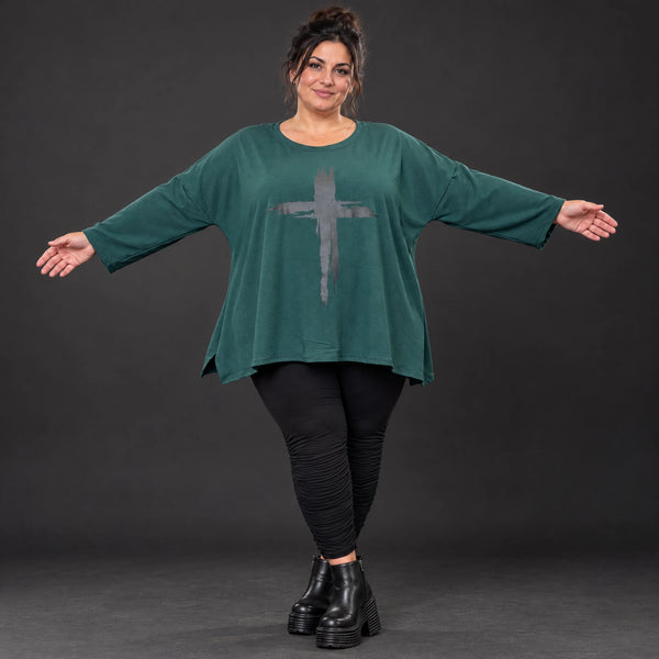 Langarmshirt in Dunkelgrün mit fließender A-Linie aus feinem Stretchjersey für den Winter