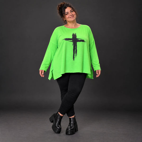 Grünes Langarmshirt in fließender A-Linie aus feinem Stretchjersey mit Rundhalsausschnitt