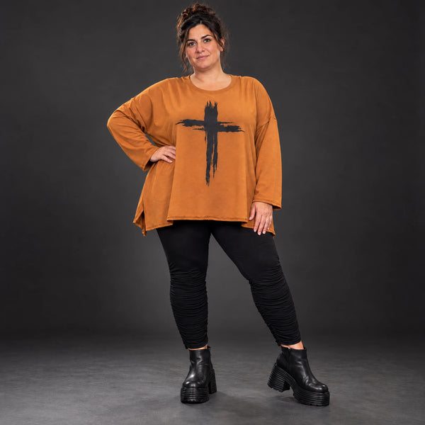 Braunes Langarmshirt mit fließender A-Linie und Rundhalsausschnitt aus Stretchjersey