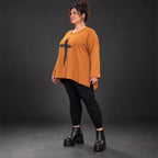Braunes Langarmshirt mit fließender A-Linie und Rundhalsausschnitt aus Stretchjersey