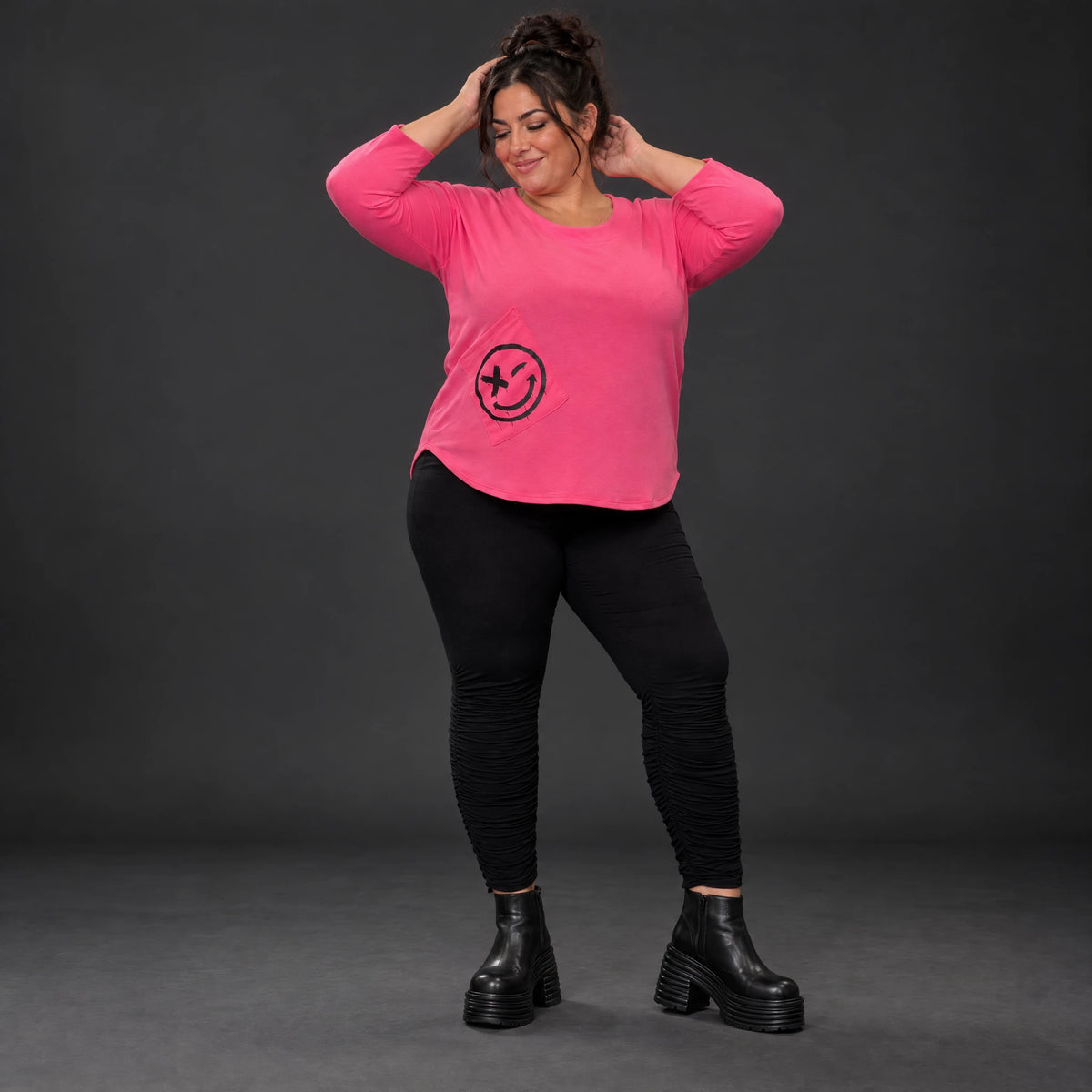 Rundhalsshirt in Pink aus weichem Stretchjersey mit 7/8-Arm und gerundeter Schnittform