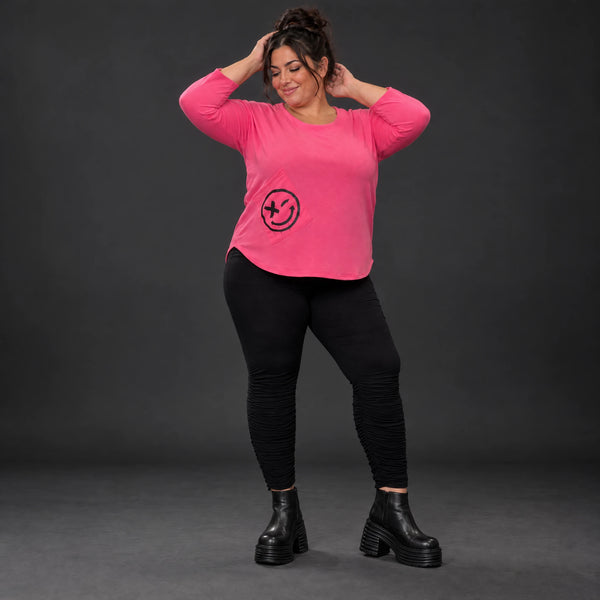 Rundhalsshirt in Pink aus weichem Stretchjersey mit 7/8-Arm und gerundeter Schnittform