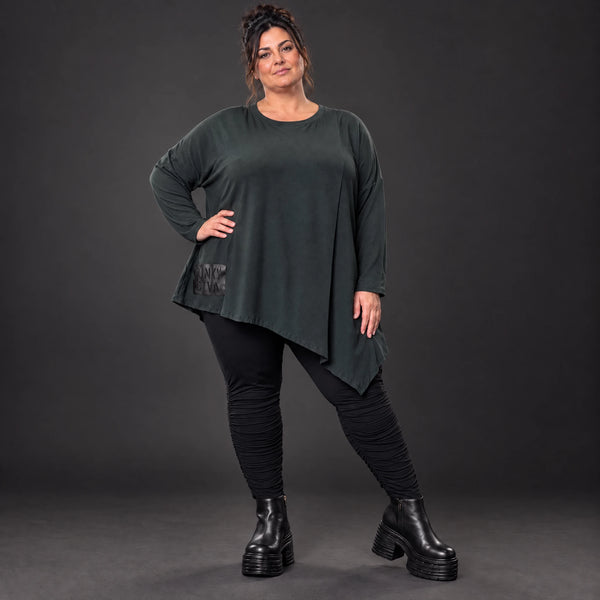 Schwarzes Langarmshirt mit asymmetrischem Zipfelsaum in warmem Stretchjersey aus Italien