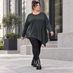Schwarzes Langarmshirt mit asymmetrischem Zipfelsaum in warmem Stretchjersey aus Italien