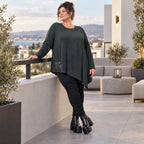 Schwarzes Langarmshirt mit asymmetrischem Zipfelsaum in warmem Stretchjersey aus Italien