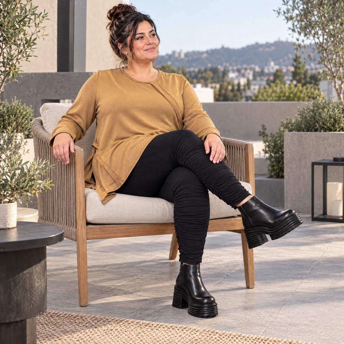 Langarmshirt in Camel mit weiter A-Linie aus weichem Stretchjersey für Alltagslooks