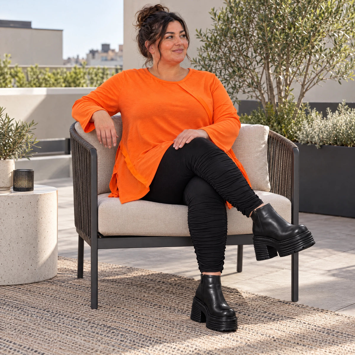 Langarmshirt in Orange aus weichem Stretchjersey mit Rundhalsausschnitt und A-Linie