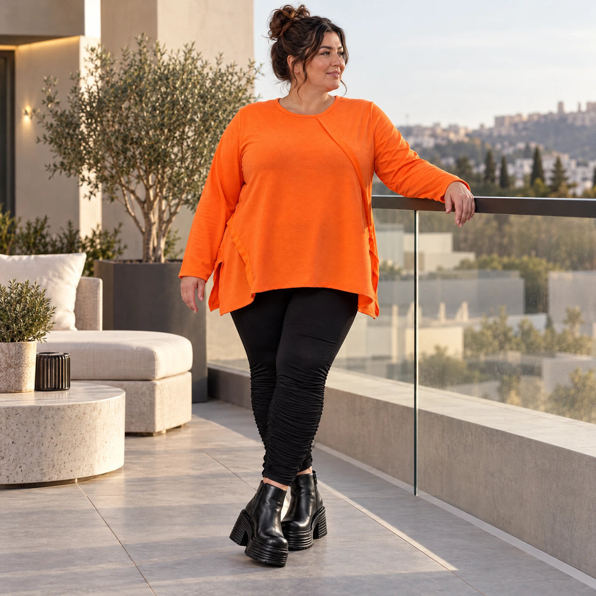 Langarmshirt in Orange aus weichem Stretchjersey mit Rundhalsausschnitt und A-Linie