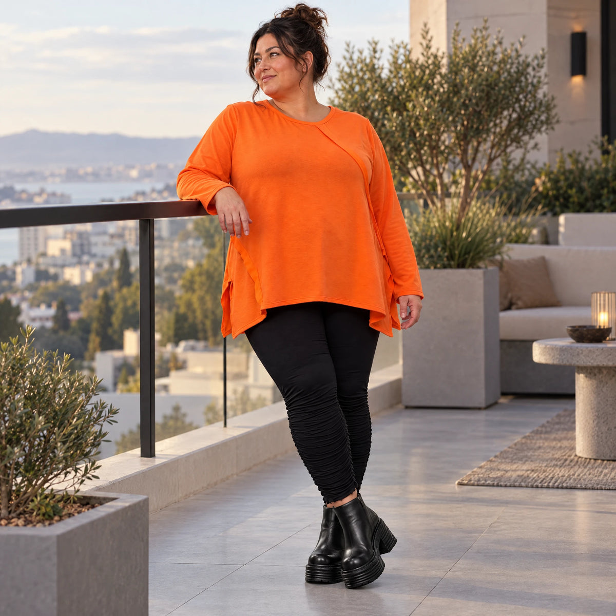 Langarmshirt in Orange aus weichem Stretchjersey mit Rundhalsausschnitt und A-Linie