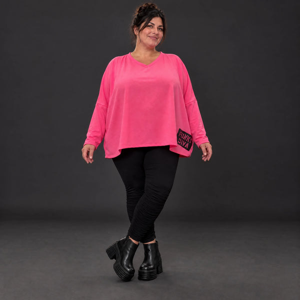 Langarmshirt in Pink aus weichem Stretchjersey mit V-Ausschnitt und kastiger Silhouette