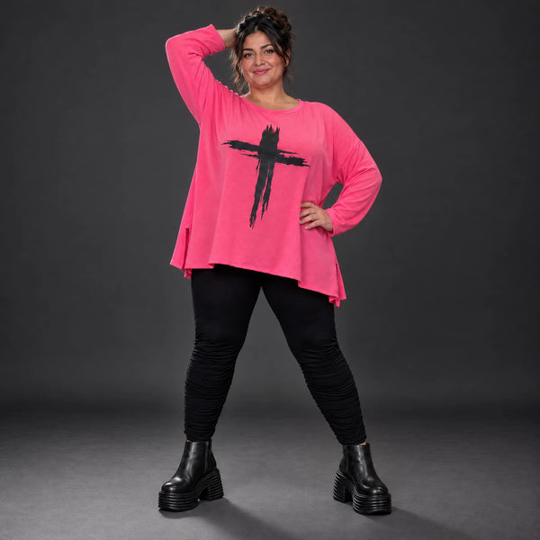 Langarmshirt in Pink aus Baumwolle mit Elasthan und Rundhalsausschnitt in weiter A-Linie