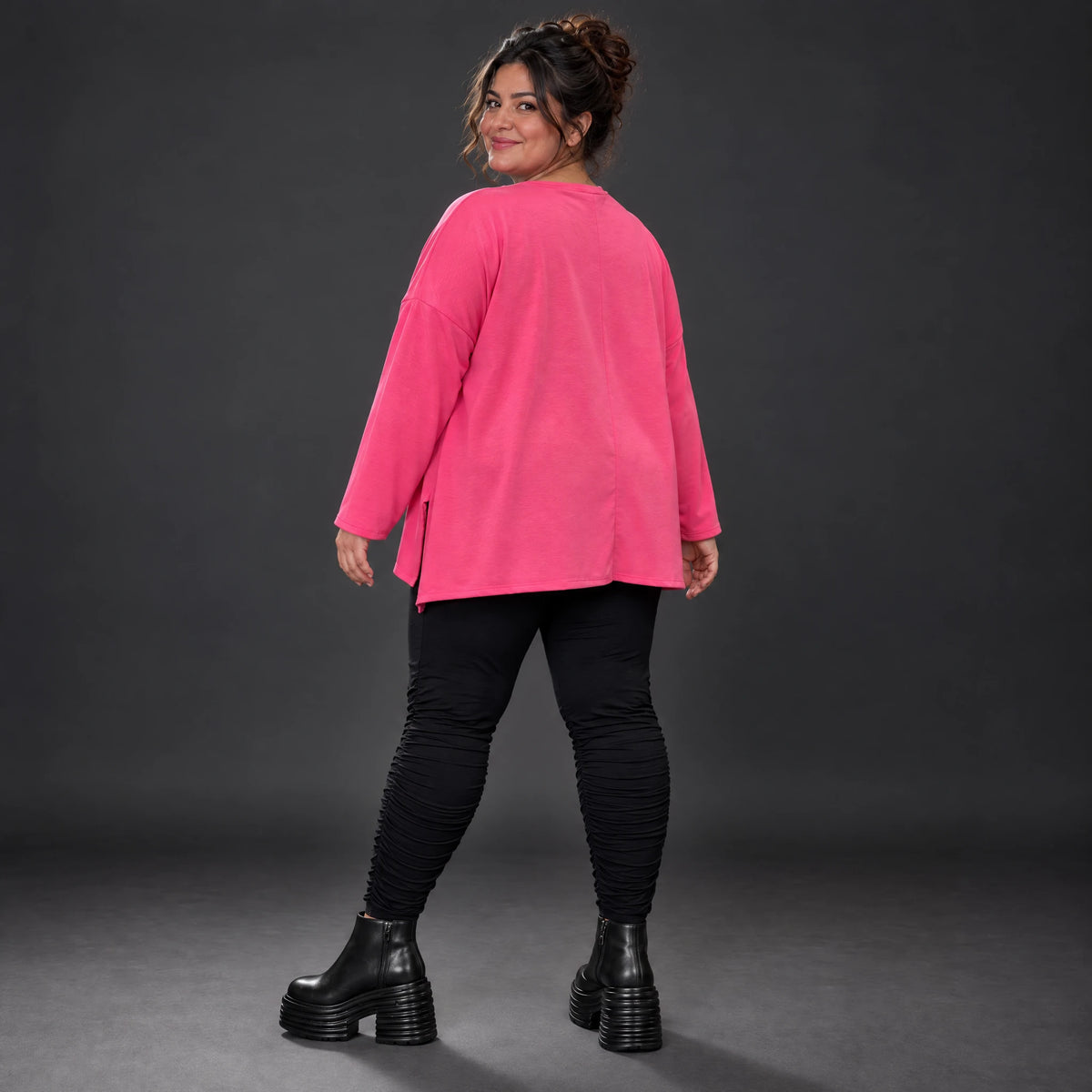 Langarmshirt in Pink aus Baumwolle mit Elasthan und Rundhalsausschnitt in weiter A-Linie
