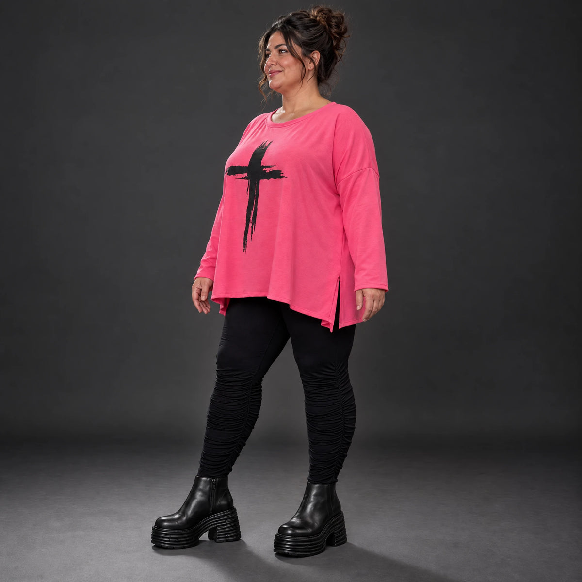 Langarmshirt in Pink aus Baumwolle mit Elasthan und Rundhalsausschnitt in weiter A-Linie