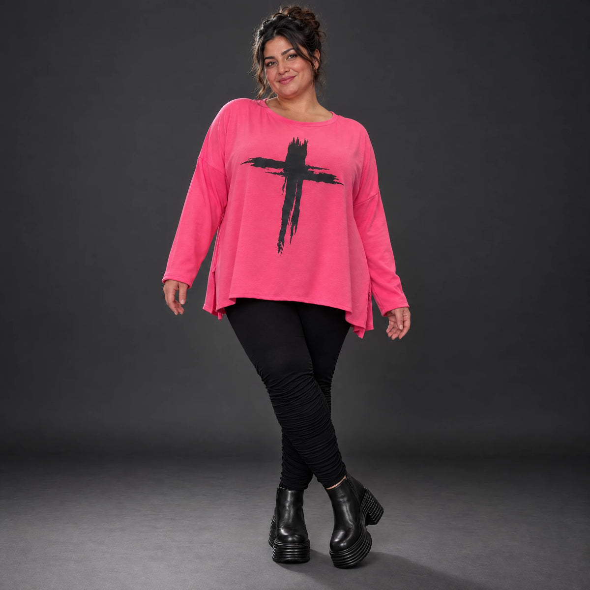 Langarmshirt in Pink aus Baumwolle mit Elasthan und Rundhalsausschnitt in weiter A-Linie