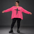 Langarmshirt in Pink aus Baumwolle mit Elasthan und Rundhalsausschnitt in weiter A-Linie