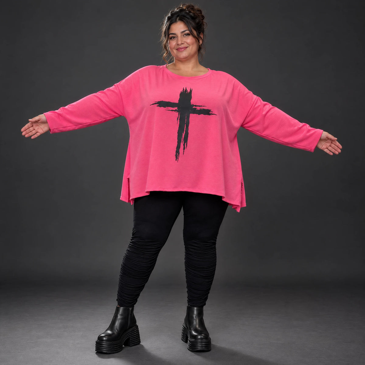 Langarmshirt in Pink aus Baumwolle mit Elasthan und Rundhalsausschnitt in weiter A-Linie